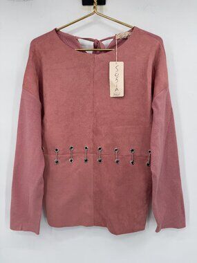 Sofia Made in Italy Faux Suede Top Pink Grommet Chain Detail Women's L NWT
